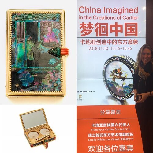 Francesca Cartier Brickell, a gold Chinese-style Cartier vanity case, and an exhibition screen.