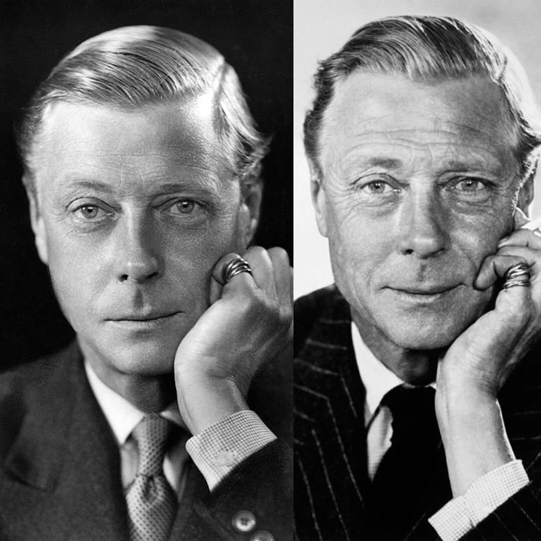 Two black and white portraits of Edward VIII, younger and older, wearing a Cartier Trinity ring.