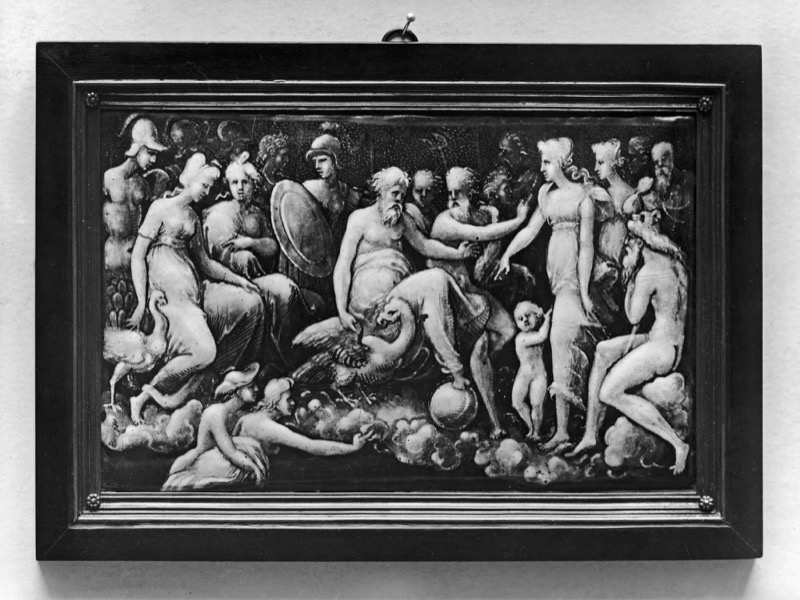 Plaque with Mercury Bringing Psyche to Mount Olympus, Jean Pénicaud III, Limoges, 16th century — an example of the grisaille enamel technique: white pigment on dark ground