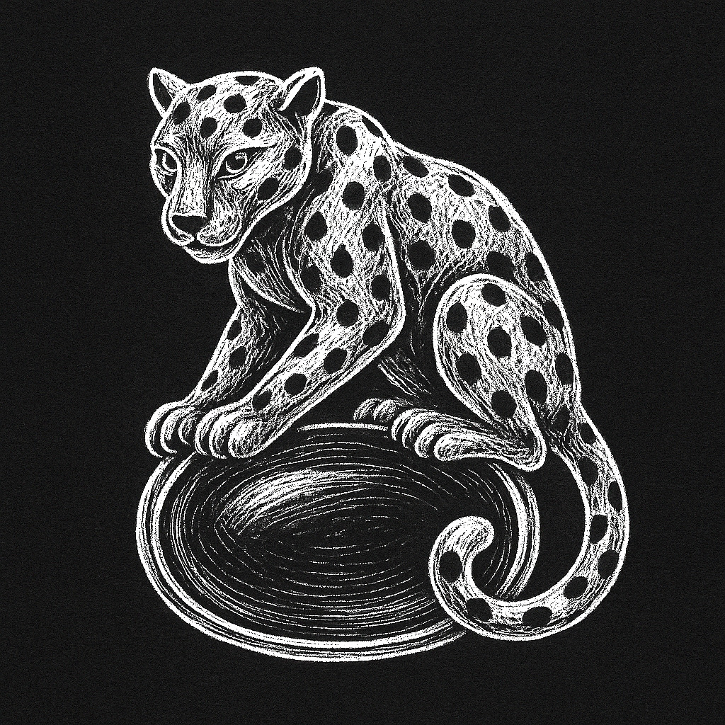 Illustration of a Cartier Panthère brooch: a spotted panther crouching on a cabochon gemstone